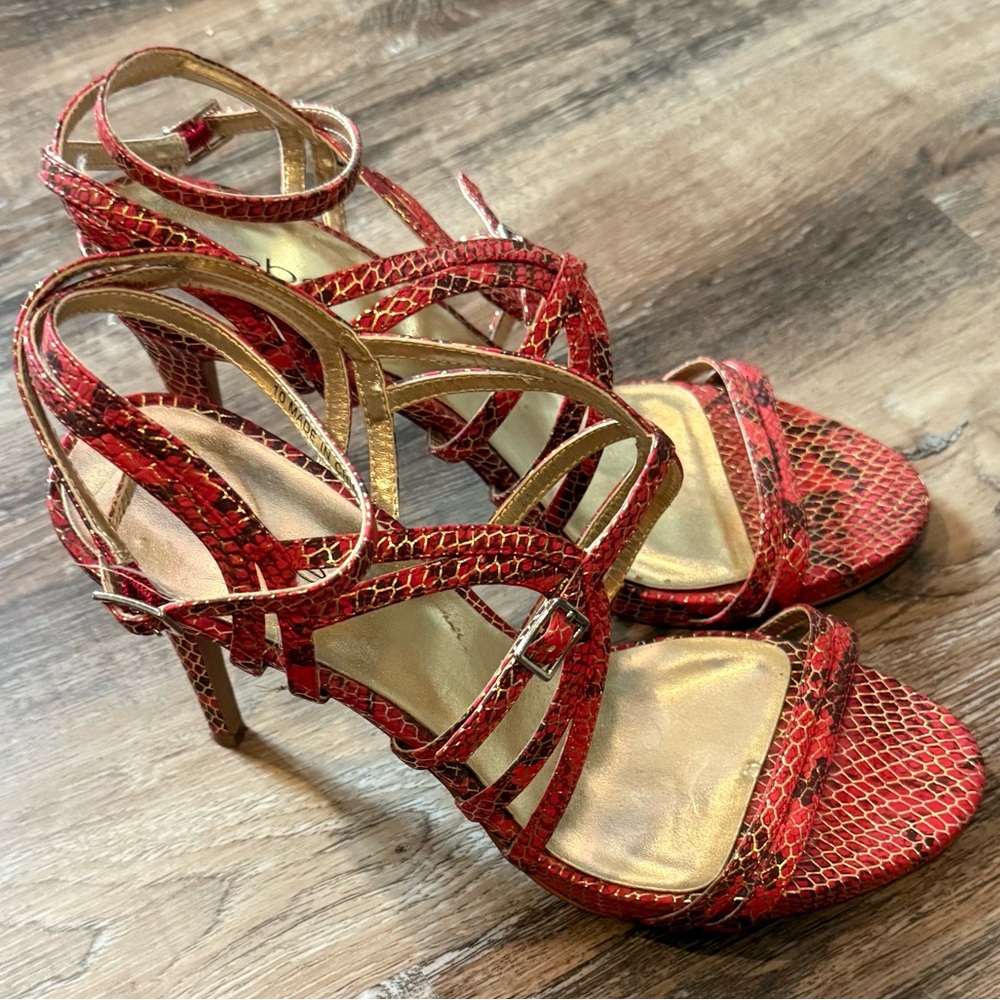 Bebe Red Strappy Heels with Snakeskin Pattern - Size 10